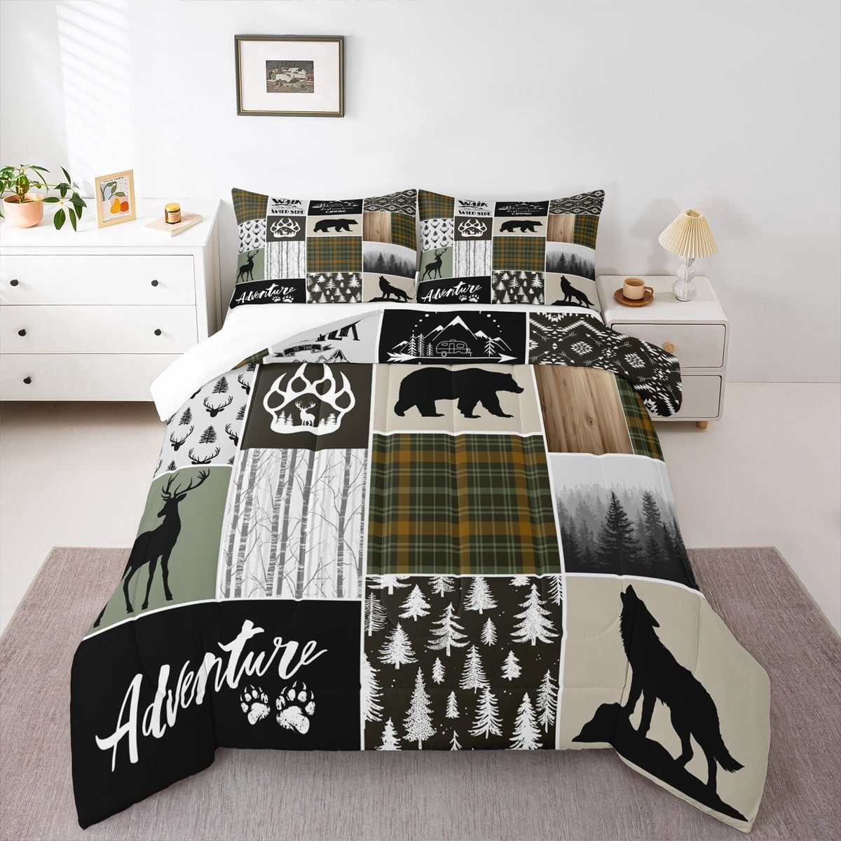 Camper Adventure Kids Comforter Set Twin Size,Deer Antlers Bear Paws Rustic Farmhouse Bedding Set for Boys Girls Adults Room Decor,Atzec Arrows Boho Down Comforter,Camo Duvet Insert