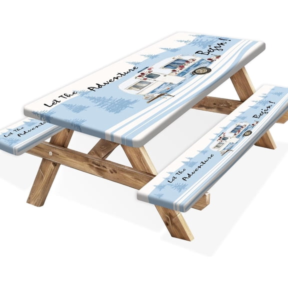 Camper Adventure Picnic Table Cover with Bench Covers,Cartoon Spring Flowers Mountain Travel Tablecloths,for 6 Ft Rectangle Tables and Seats,with Drawstring Bag(Blue,30x72 Inches)