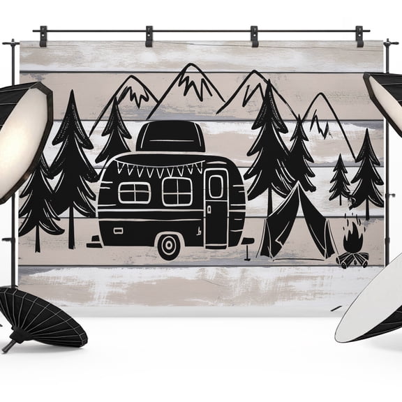 Camper Backdrops for Photography, Mountain Pine Trees Tent Forest Rustic Nature Fabric Photo Background Sturdy Studio Props for Photo Studio, Video Recording, Booth & Photoshoot 7x5ft