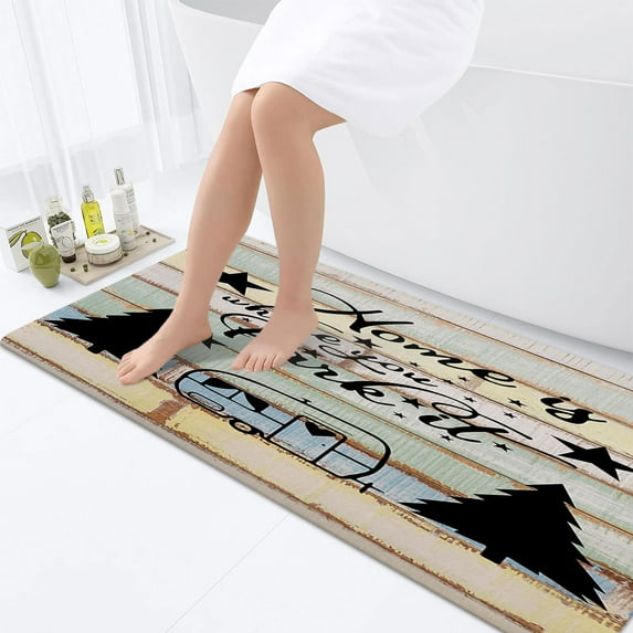 Camper Bathroom Rugs, Retro Rustic Wood Neutral Color for Travel Trailer Camping Theme Motor RV Bathroom Rugs Set, Camping Bathroom Rug Mat 17X48inch, Extra Soft and Absorbent Bath Rugs