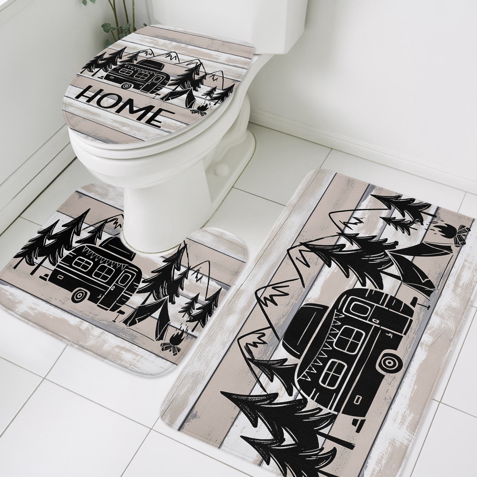 Camper Bathroom Rugs Set Mountain Pine Trees Tent Forest Rustic Nature ...
