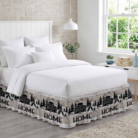 Camper Bed Skirt Queen Size 16 Inch Drop, Mountain Pine Trees Tent Forest Rustic Nature Adjustable Elastic Dust Ruffles Bedskirt for Queen Bed Wrap Around Pleated Mattress Frame Cover