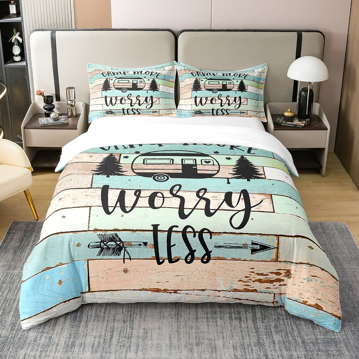 Camper Bedding Set,Camping Themed 100 Cotton Duvet Cover for Travel