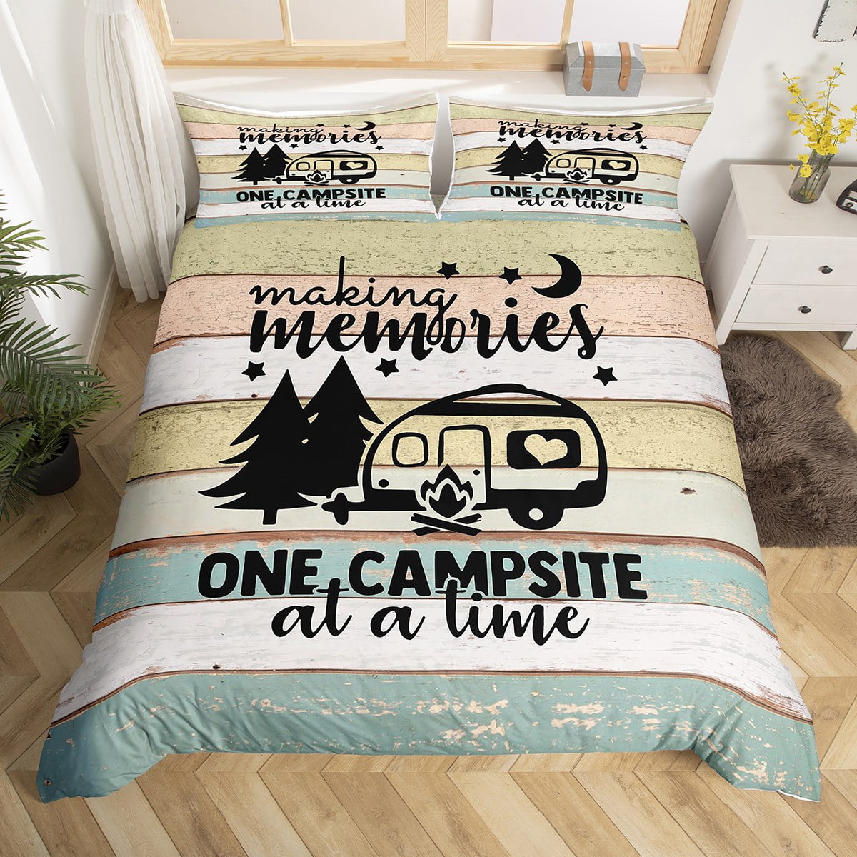 Camper Bedding Set for Men,Camping Themed Duvet Cover for Travel