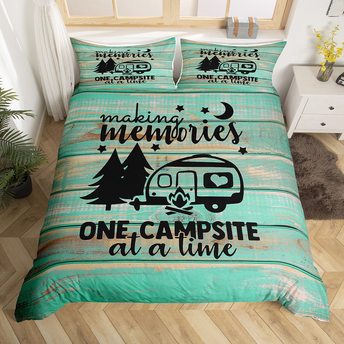 Camper Bedding Set for Men,Camping Themed Duvet Cover for Travel