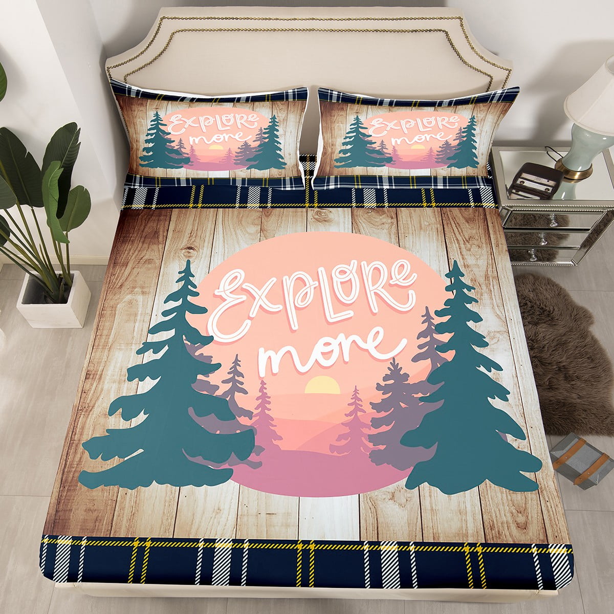 Camper Bedding Set Happy Camping Bed Sheets Full Size, Cartoon Camper Decor Fitted Sheet Rv