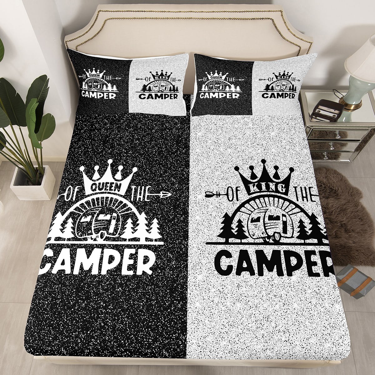 Camper Bedding Set for Travel Trailers,King and Queen Crown Camping Fitted Sheet,Cabin Old Barn