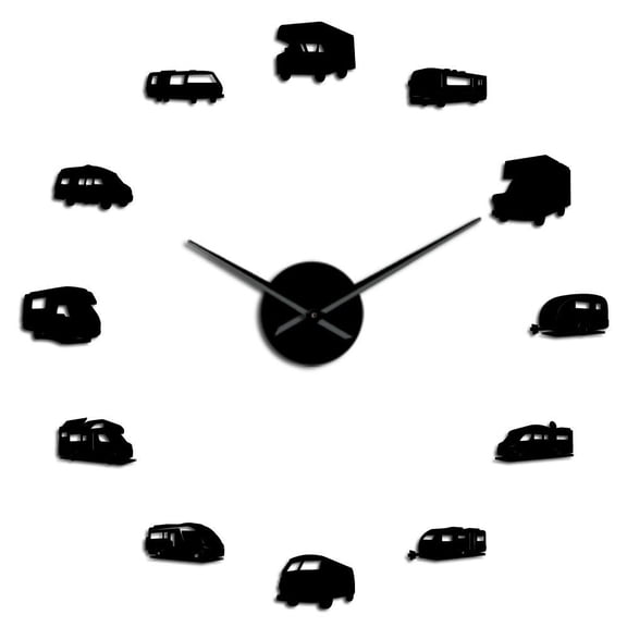 Camper Bus Silouette Frameless Wall Clock Stickers, DIY Modern Decorative Clocks for Living Room, Bedroom, Office - Easy to Install, Large 3D Clock Design (Black,37in)