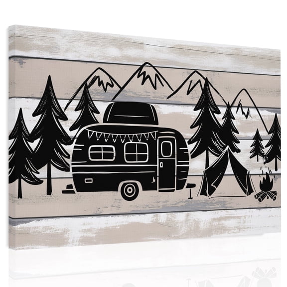Camper Canvas Print Wall Art, Mountain Pine Trees Tent Forest Rustic Nature Wall Decor Modern Artwork Paintings Pictures for Living Room Framed and Stretched Ready to Hang 24" x 32"