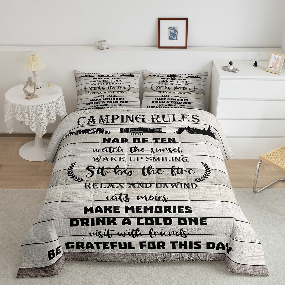 Camper Comforter Set Queen, Happy Camping Bedding Set Rv Decorations