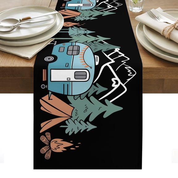 Camper Cotton Linen Table Runner Home Mountain Pine Trees Tent Forest Rustic Nature Dining Table Runners for Home Decor Party Dining Room Restaurant Kitchen Party 13" x 36"