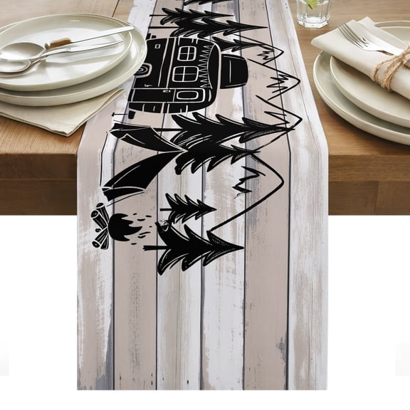 Camper Cotton Linen Table Runner Mountain Pine Trees Tent Forest Rustic Nature Dining Table Runners for Home Decor Party Dining Room Restaurant Kitchen Party 13" x 48"