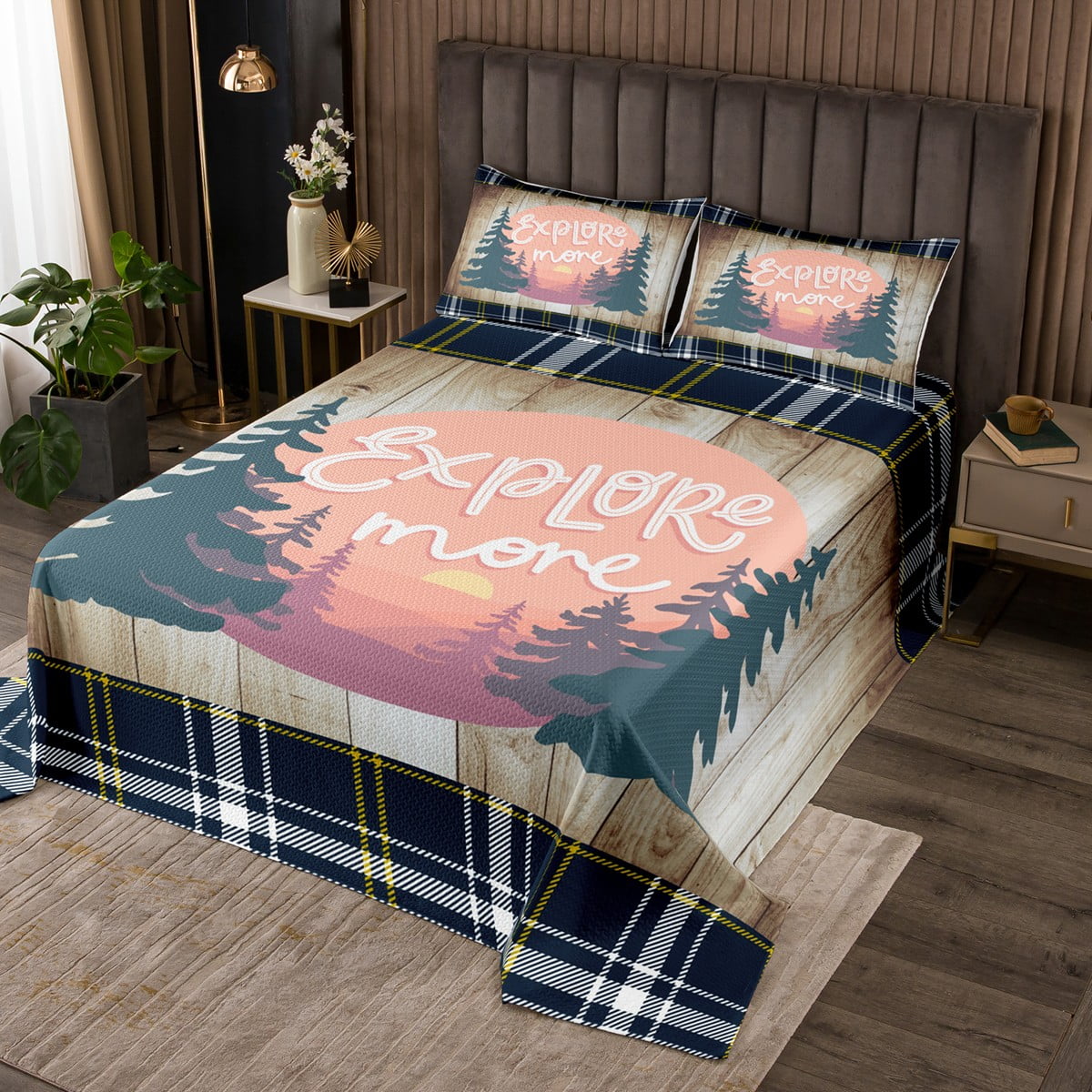 Camper Coverlet Set Happy Camping Quilt Set King Size, Cartoon Camper