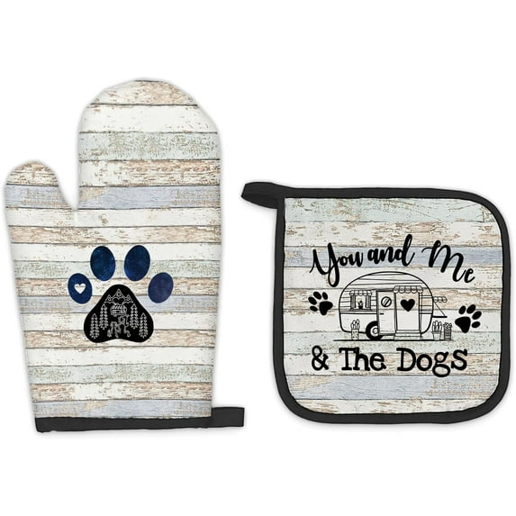 Camper Dog Lover Gifts Oven Mitts and Pot Holders Sets, Gifts for Camping Dog Lovers Kitchen Accessories Sets, Camping Dog Themed Heat Resistant Oven Glove Potholders for Rv Kitchen Cooking BBQ