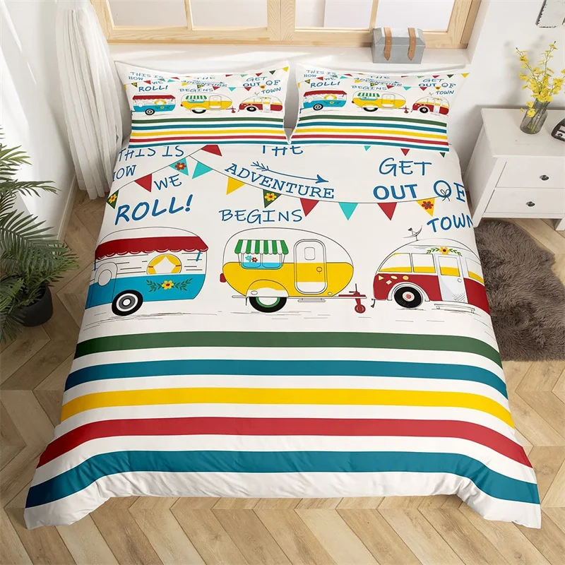 Camper Duvet Cover Farmhouse Style Happy Camping Bedding Set Colorful