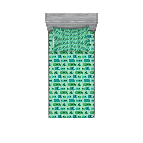 Camper Fitted Sheet & Pillow Sham Set, Grid Style Squares Background with Various Caravan Models Travel, Decorative Printed 4 Piece Bedding Decor Set, Twinxl, Mint Green Green, by Ambesonne