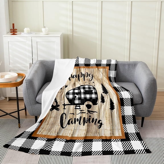Camper Flannel Fleece Throw Blanket,All Season Happy Camping Rustic Wooden Bed Blanket RV Camping Fuzzy Blanket for Bed Sofa Couch,Bedroom Decor Cartoon Camping Car Plush Blanket Baby 30"x40"