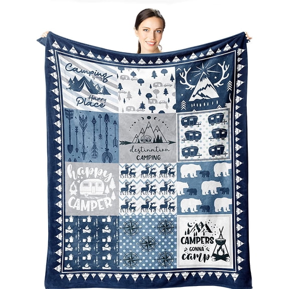 Camper Gifts Blanket, Camping Blanket for Men Women, Blue Camper Blankets for Camping Lovers, Camping Blanket for RV Travel Hiking, 30x40in Fleece Blanket