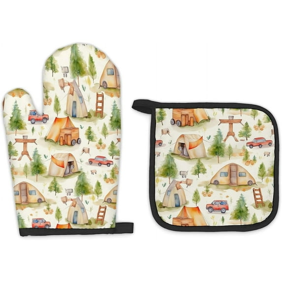 Camper Gifts Oven Mitts and Pot Holders Sets, Camping Rv Kitchen Accessories Sets, Camping Lovers Gifts, Camping Themed Heat Resistant Oven Glove Potholders for Rv Kitchen Cooking Baking BBQ