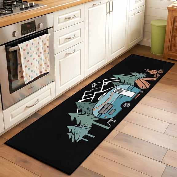 Camper Hallway Washable Runner Rug 2x6 Home Mountain Pine Trees Tent Forest Rustic Nature Kitchen Runner Mat with Non Slip Backing Low Pile Thin Floor Carpet for Indoor Bedroom Living Room