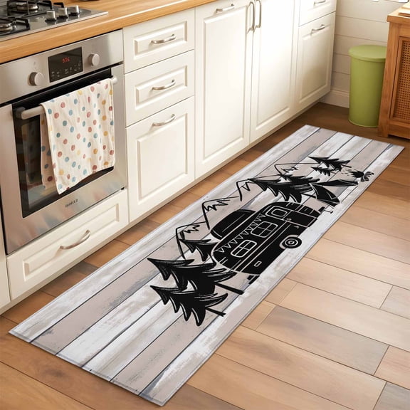 Camper Hallway Washable Runner Rug 2x6 Mountain Pine Trees Tent Forest Rustic Nature Kitchen Runner Mat with Non Slip Backing Low Pile Thin Floor Carpet for Indoor Bedroom Living Room