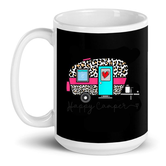 Camper Happy Summer Camp Camping Leopard Funny Glamping Gift Ceramic Mug 15oz (White;15oz)