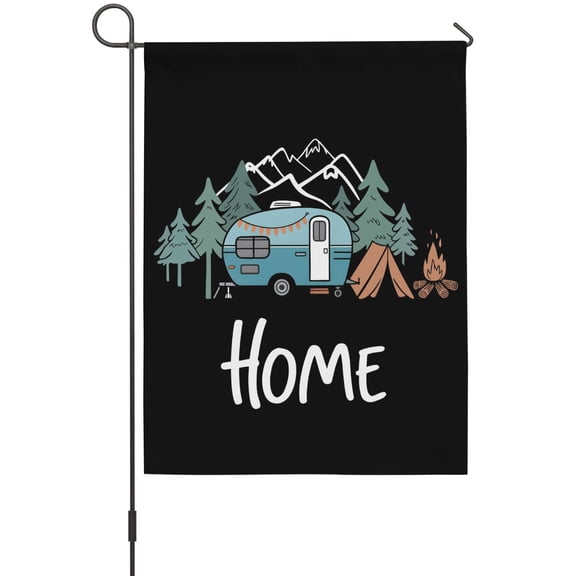 Camper House Flag 28 x 40 Inches, Home Mountain Pine Trees Tent Forest Rustic Nature Weather Proof Outdoor Patio Flags Double Sided Small House Decoration for Yard Lawn Outside Home