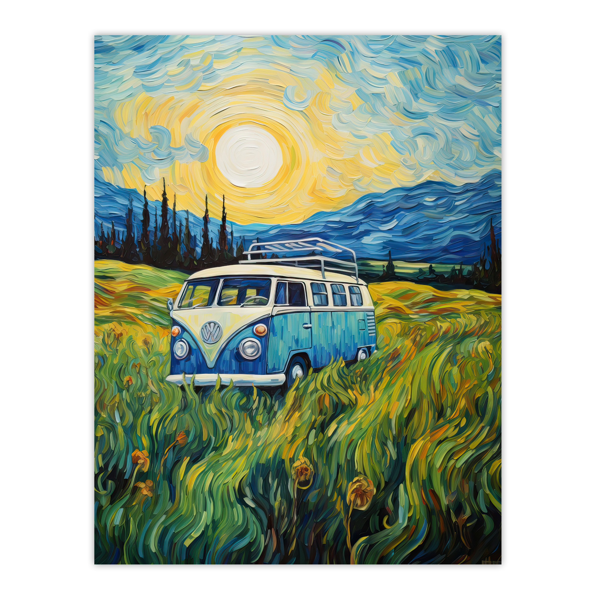 Camper In The Cornfield Van In Meadow Van Gogh Style Artwork Extra