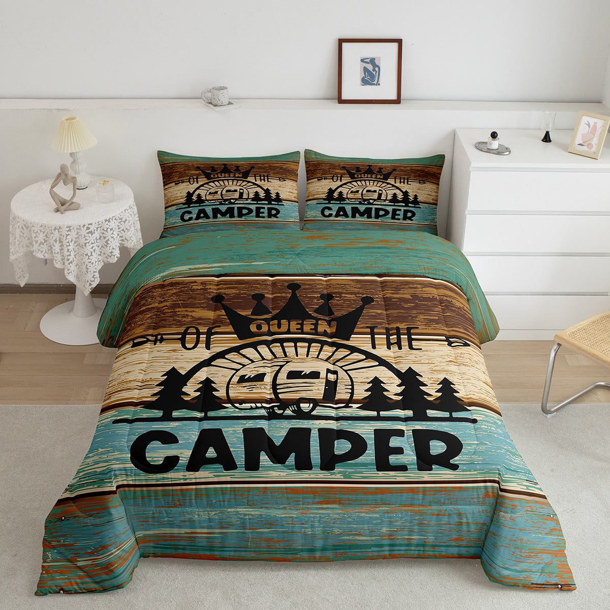 Camper King Comforter Set for Adult,Camping Themed Bedding for Travel
