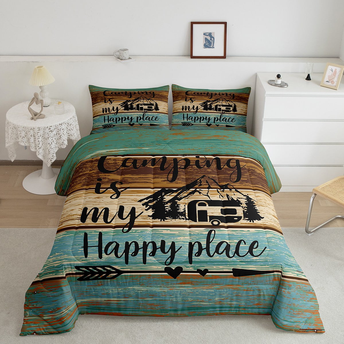 Camper King Comforter Set for Men,Camping Themed Bedding for Travel