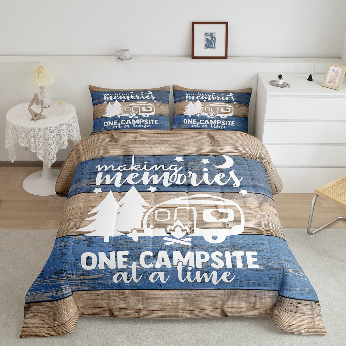 Camper King Comforter Set for Men,Camping Themed Bedding for Travel