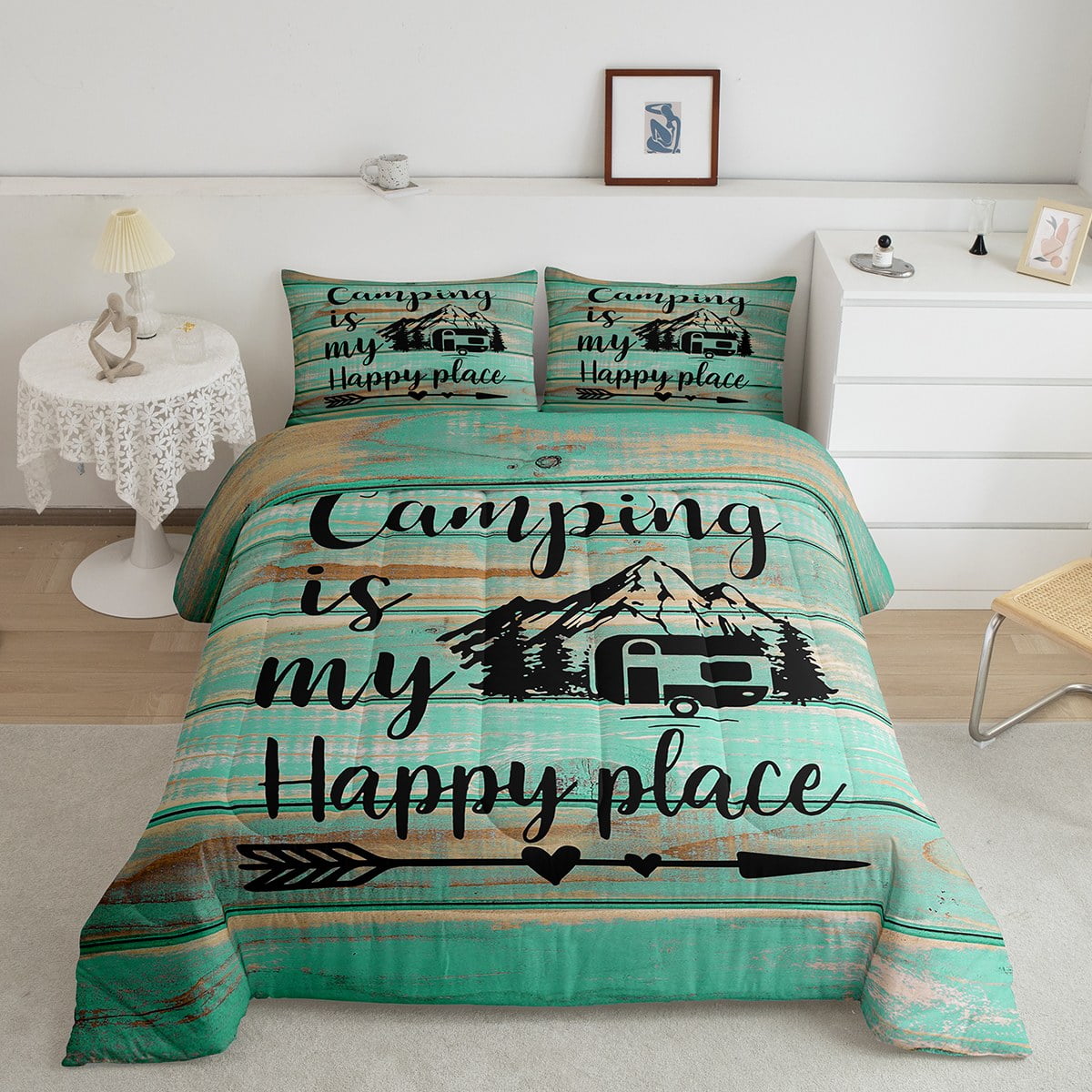 Camper King Comforter Set for Men,Camping Themed Bedding for Travel
