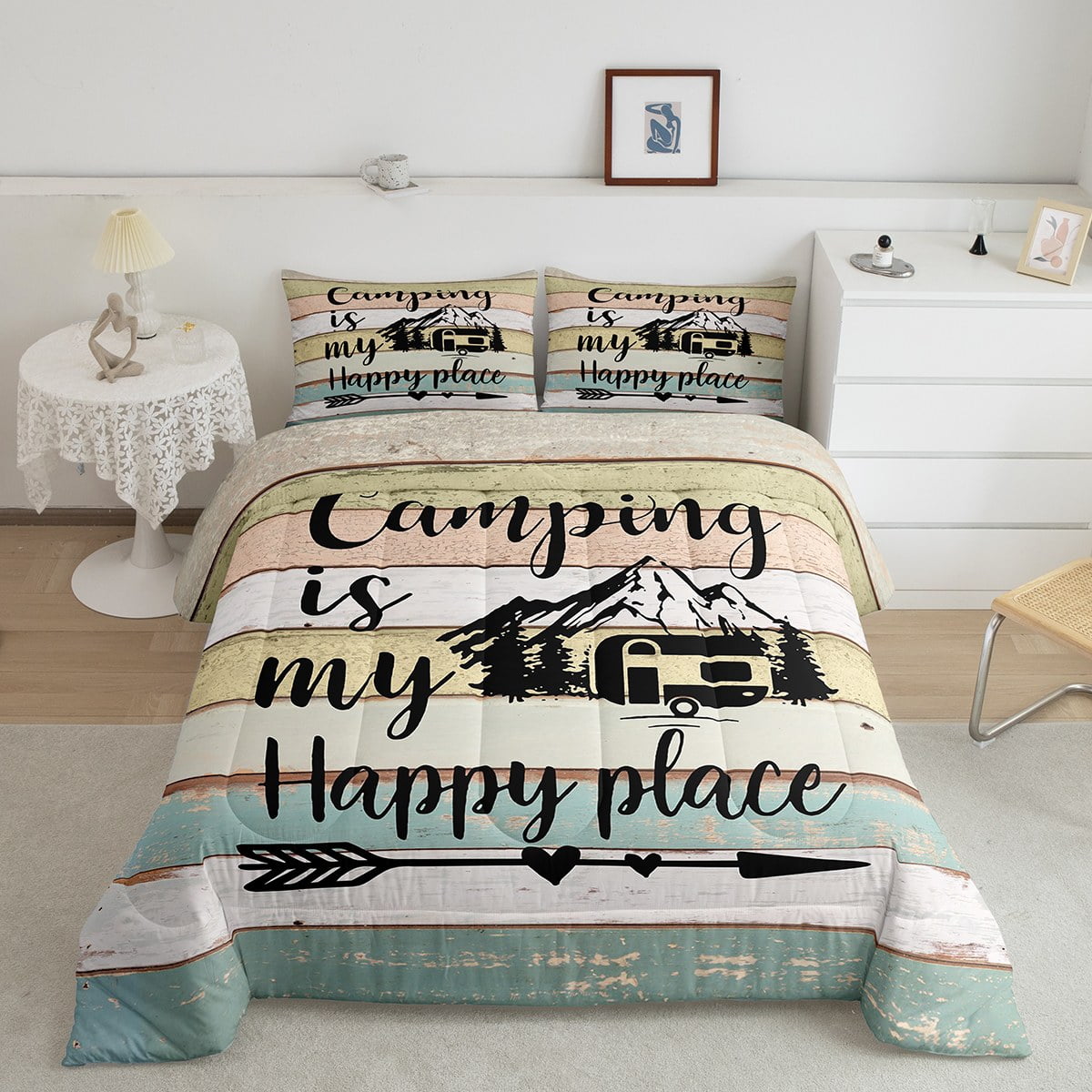 Camper King Comforter Set for Women,Camping Themed Bedding for Travel