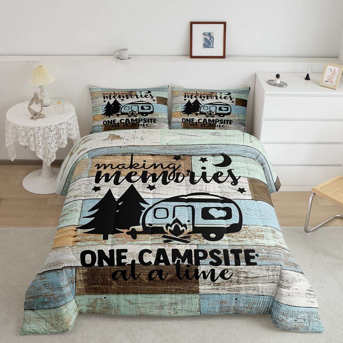 Camper King Comforter Set for Women,Camping Themed Bedding for Travel