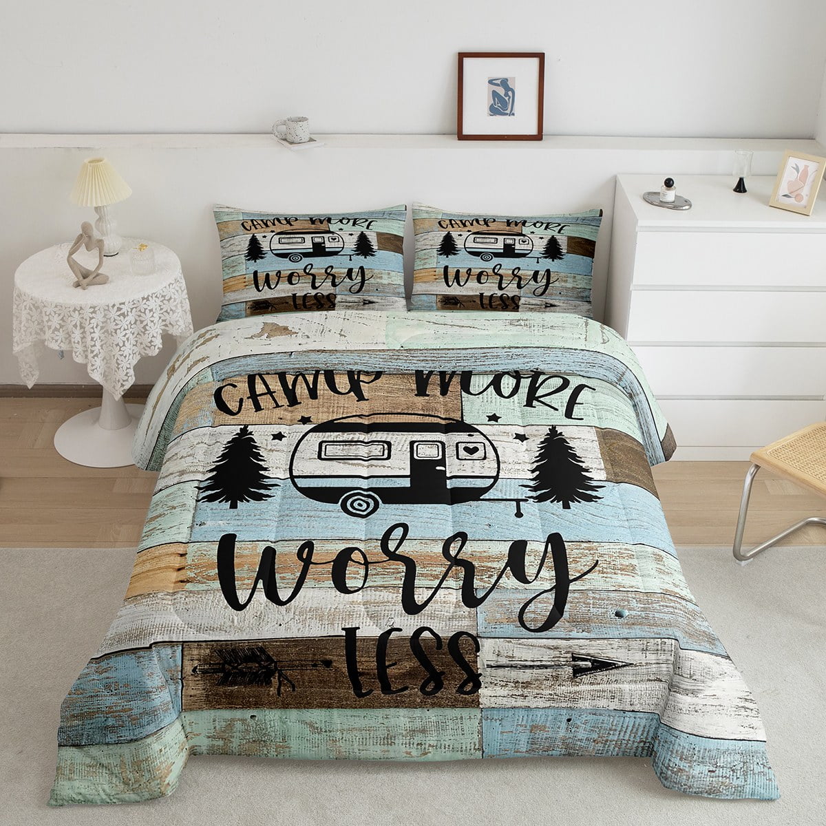 Camper King Comforter Set for Women,Camping Themed Bedding for Travel