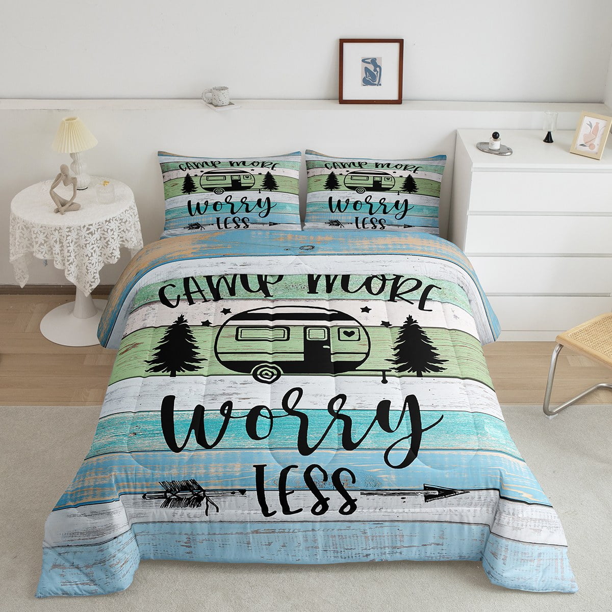 Camper King Comforter Set for Women,Camping Themed Bedding for Travel