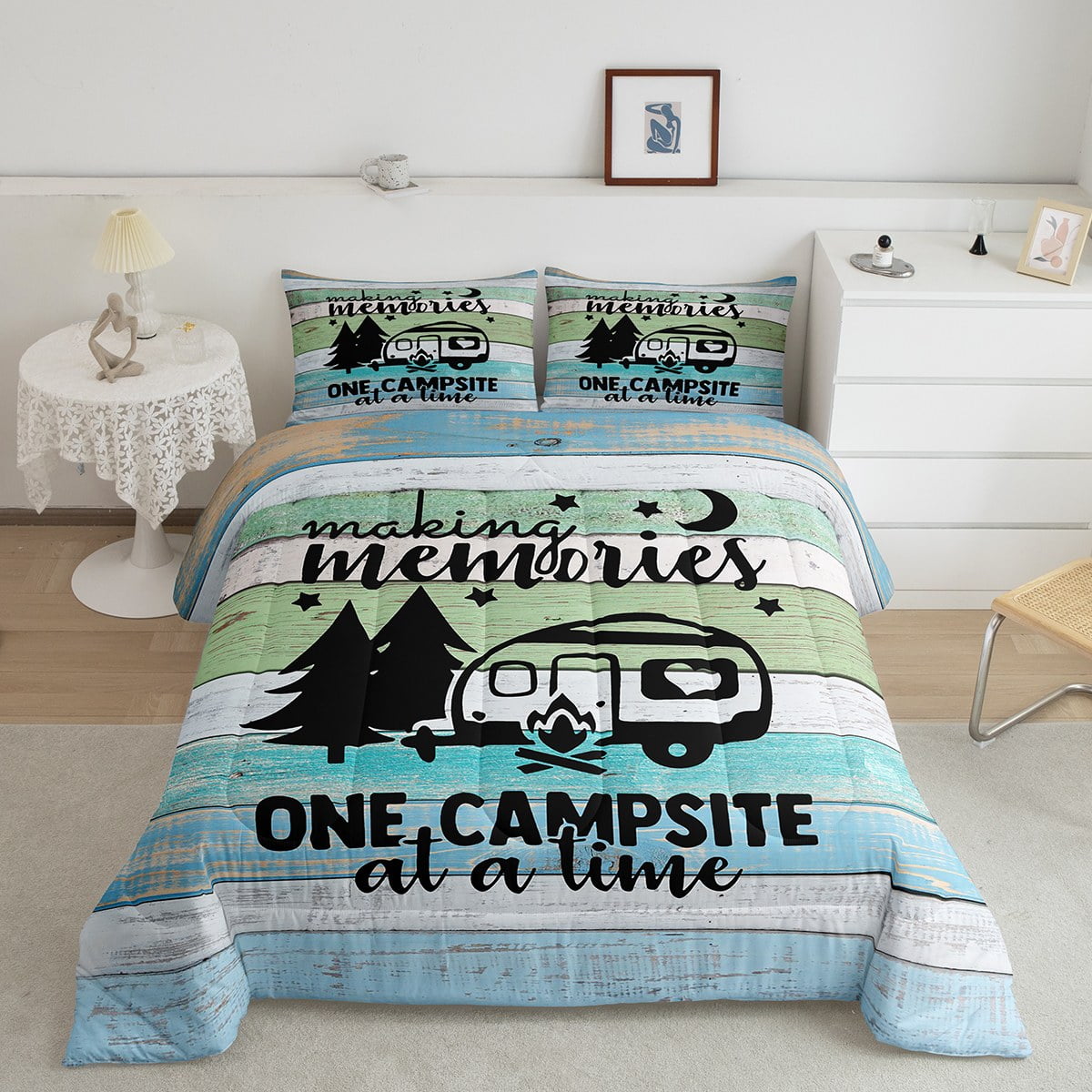 Camper King Comforter Set for Women,Camping Themed Bedding for Travel