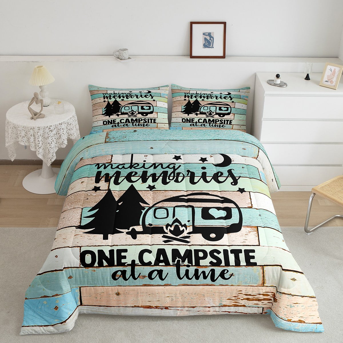 Camper King Comforter Set for Women,Camping Themed Bedding for Travel