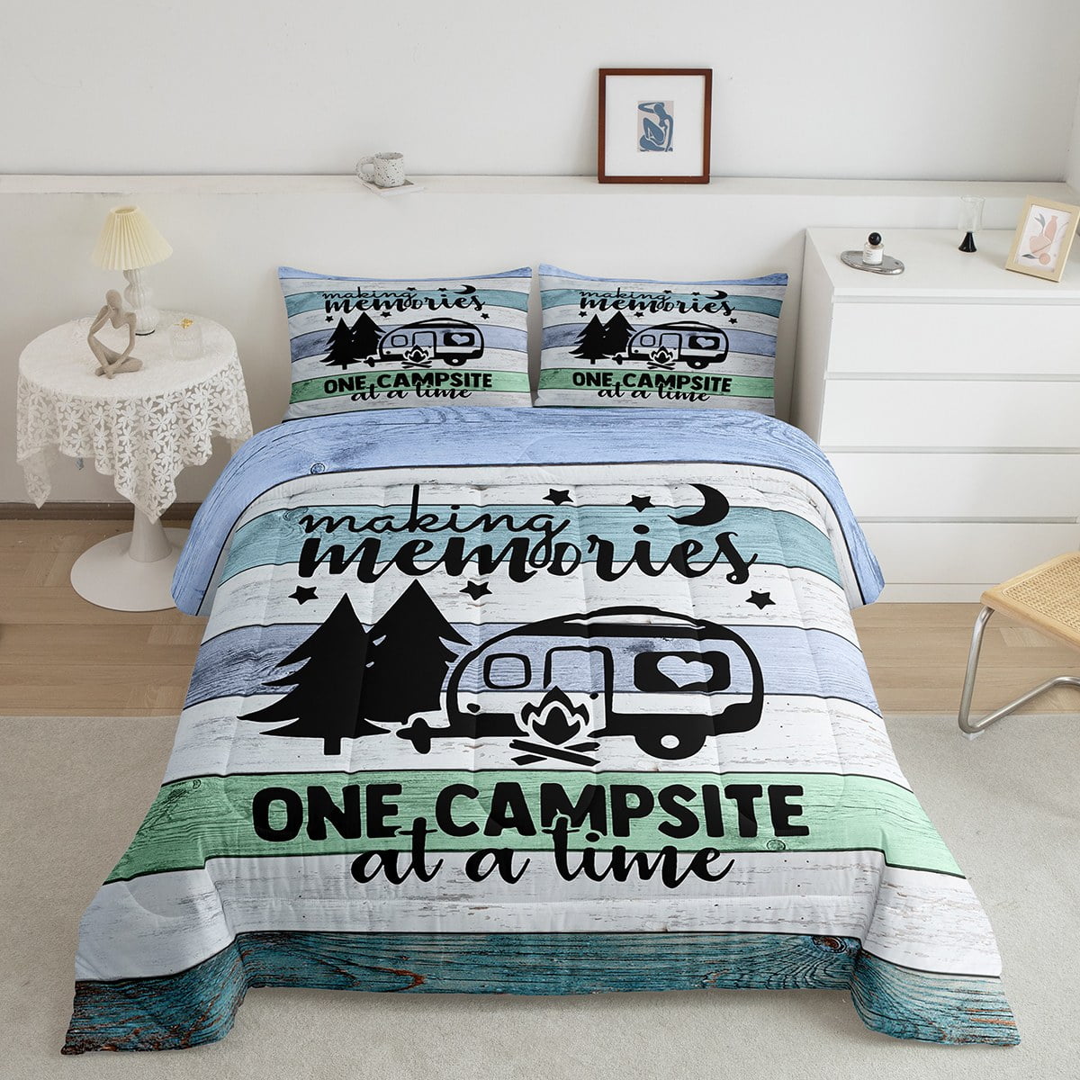 Camper King Comforter Set for Women,Camping Themed Bedding for Travel