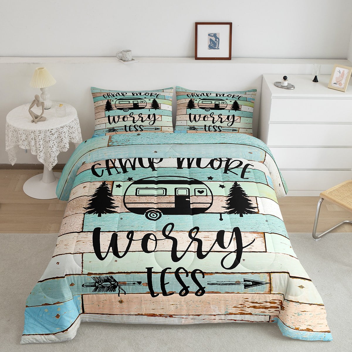 Camper King Comforter Set for Women,Camping Themed Bedding for Travel