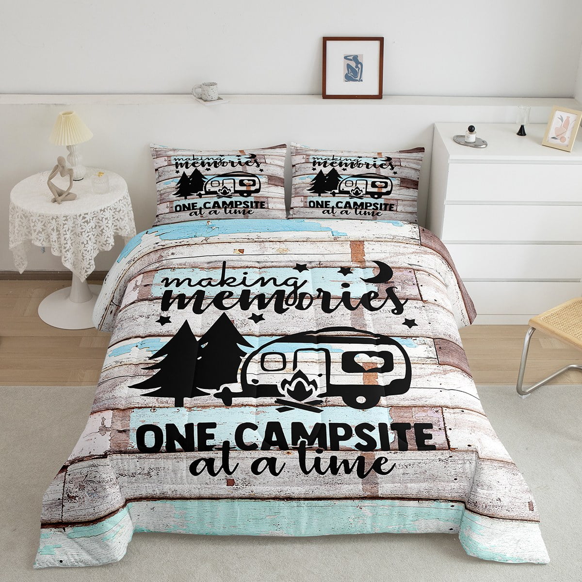 Camper King Comforter Set for Women,Camping Themed Bedding for Travel