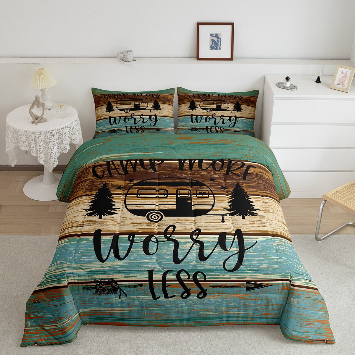 Camper King Comforter Set for Women,Camping Themed Bedding for Travel