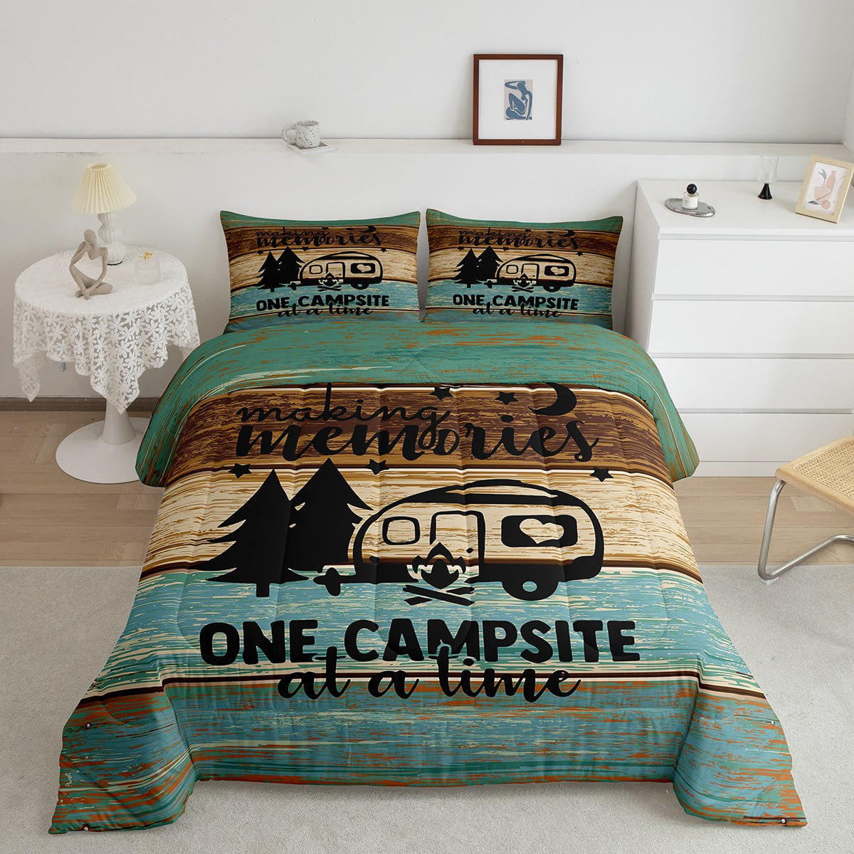 Camper King Comforter Set for Women,Camping Themed Bedding for Travel