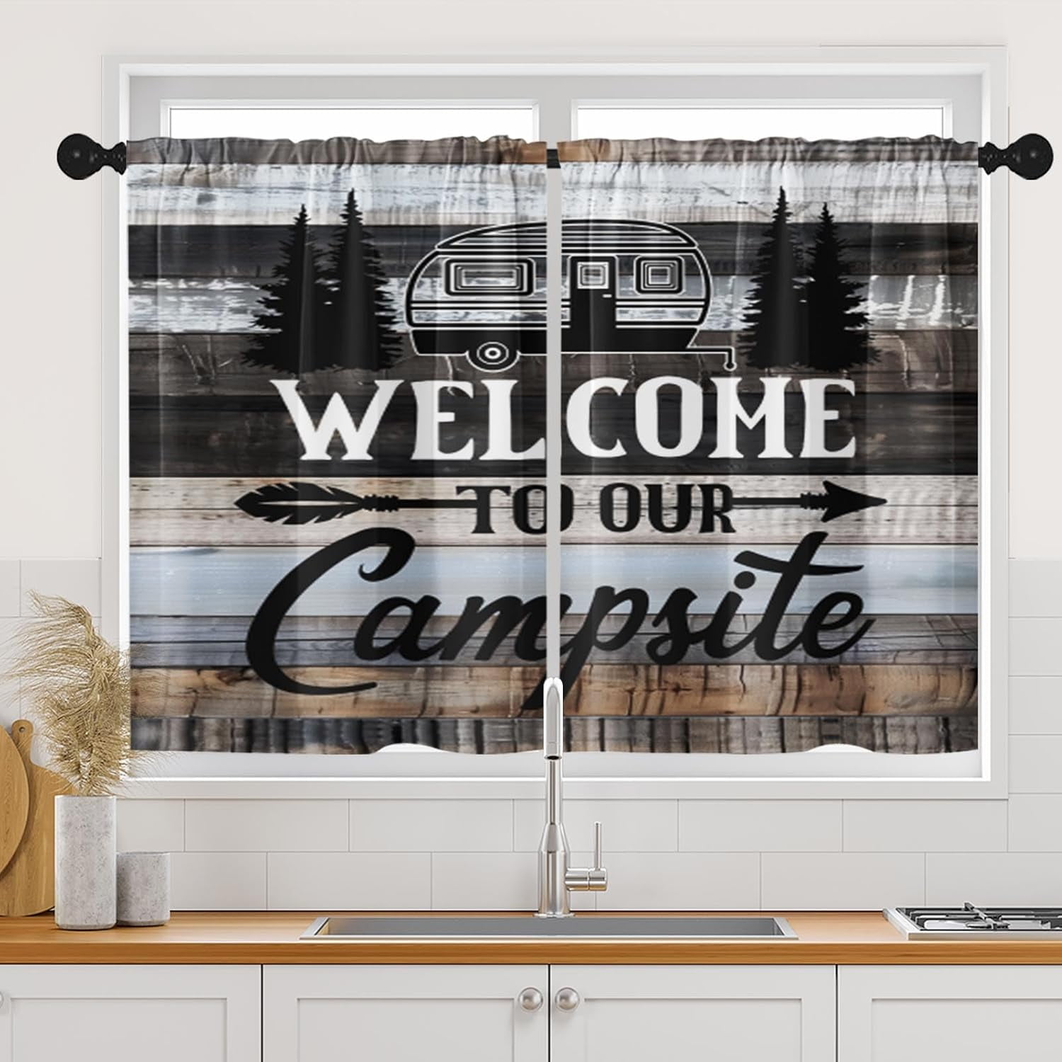 Camper Kitchen Curtains RV Window Curtains Over Sink Set of 2, Welcome
