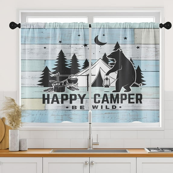 Camper Kitchen Curtains RV Window Curtains Over Sink Set of 2, Camping Tent Bear with Lantern Vintage Rod Pocket Short Tier Curtains for Kitchen, Farmhouse Small Kitchen Decor (26x36 Inch)