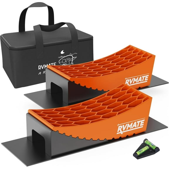 Camper Levelers 8-Piece Kit RV Leveling Blocks Camper Wheel Chocks Including Two Curved Levelers, Two Chocks, One Level and Two Rubber Grip Mats in Storage Carrying Bag