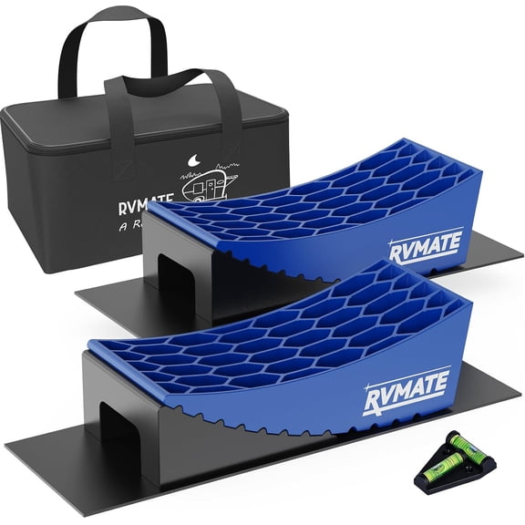 Camper Levelers 8-Piece Kit RV Leveling Blocks Camper Wheel Chocks Including Two Curved Levelers, Two Chocks, One Level and Two Rubber Grip Mats in Storage Carrying Bag