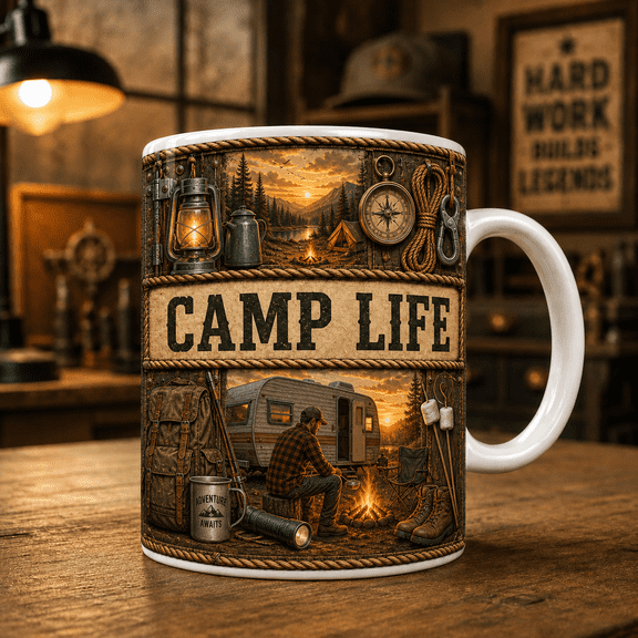 Camper Mug Rustic Camp Life Coffee Cup, Camping Gift for RV Owners and Outdoor Lovers