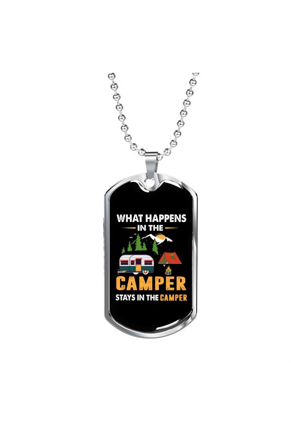 Camper Necklace Stays In The Camp Dog Tag Necklace Stainless Steel 24" Chain Silver Tone or Gold Tone