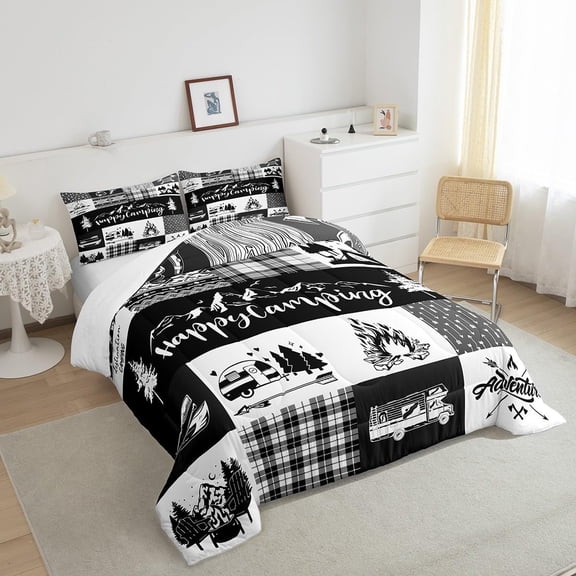 Camper Patchwork Comforter Set Queen Size,RV Happy Camping Hunting Adventure Bedding Set for Women Adult,Travel Trailers Decor Boho Exotic Luxury Bed Duvet Insert, 2 Pillowcases
